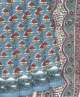 Steel Blue Jaipur Cotton Saree With Printed Floral Vine Motifs
