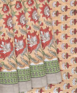 Light Peach Jaipur Cotton Saree With Printed Floral Vine Motifs
