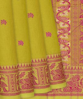 Olive Green Handloom Bengal Cotton Saree With Buttas
