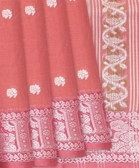 Dark Peach Handloom Bengal Cotton Saree With Buttas
