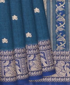 Teal Handloom Bengal Cotton Saree With Buttas
