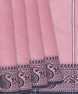 Bubble-gum Pink Bengal Cotton Saree With Mango Motifs In  Border