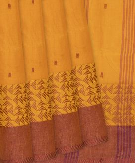 Turmeric Yellow Bengal Cotton Saree With Triangle Motifs In  Border