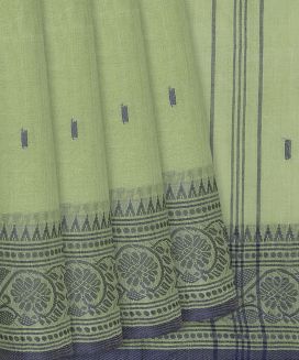 Green Bengal Cotton Saree With Floral Motifs In  Border

