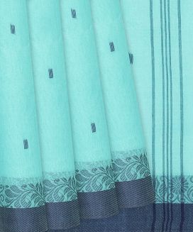 Turquoise Bengal Cotton Saree With Floral Motifs In  Border
