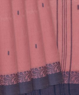 Peach Bengal Cotton Saree With Floral Motifs In  Border
