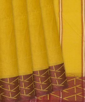 Yellow Bengal Cotton Saree With Stripes In  Border
