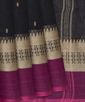Black Bengal Cotton Saree With Pink Border
