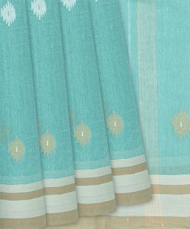 Turquoise Handloom Dhakai Cotton Saree With Contrast Border
