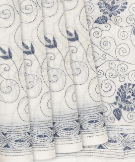 White Handloom Bengal Cotton Saree With Kantha Motifs
