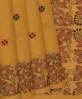 Orange Handloom Bengal Cotton Saree With Floral Motifs
