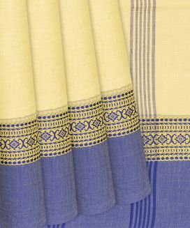 Light Yellow Chanderi Cotton Saree With Blue Border
