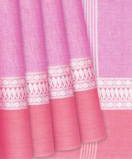Bubble-gum Pink Chanderi Cotton Saree With Peach Border
