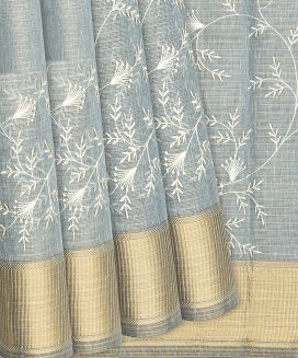Grey Chanderi Cotton Saree With Embroidered Floral Motifs
