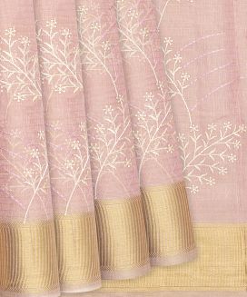 Baby Pink Chanderi Cotton Saree With Embroidered Floral Motifs
