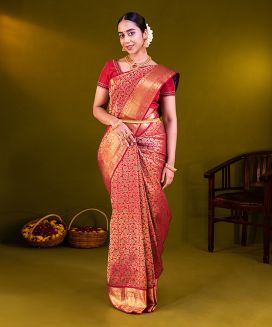 Crimson Handloom Kanchipuram Silk Saree With Meena Floral Motifs
