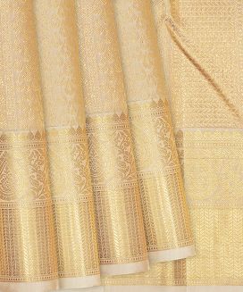 Cream Handloom Kanchipuram Silk Saree With Traditional Motifs
