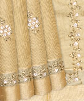Sandal Tissue Embroidered Saree With Floral Motifs
