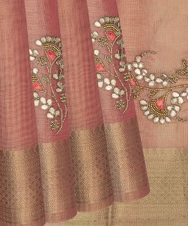 Dark Peach Woven Tissue Saree With Embroidered Floral Motifs

