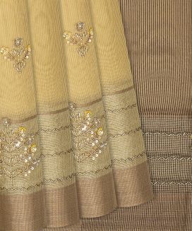 Sandal Woven Tissue Saree With Embroidered Floral Motifs
