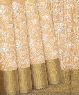 Light Peach Supernet Saree With Embroidered Floral Motifs
