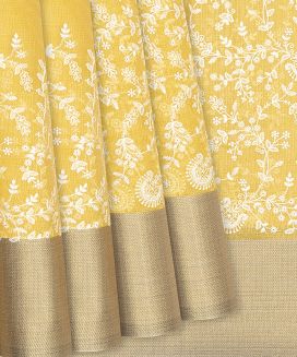 Yellow Chanderi Cotton Saree With Embroidered Floral Motifs
