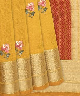 Mustard Chanderi Cotton Saree With Embroidered Floral Motifs
