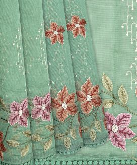 Aquamarine Chanderi Cotton Saree With Embroidered Floral Motifs
