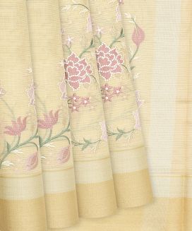 Cream Chanderi Cotton Saree With Embroidered Floral Motifs

