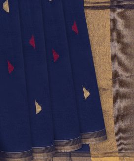 Navy Blue Chanderi Cotton Saree With Triangle Motifs
