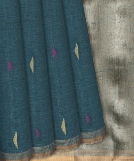 Teal Chanderi Cotton Saree With Triangle Motifs
