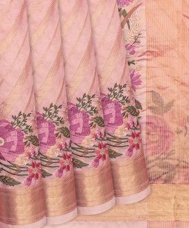 Baby Pink Raw Silk  Saree With Embroidered Floral Motifs
