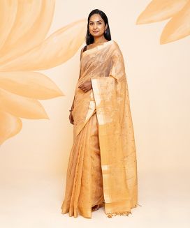 Peach Blended Tissue Saree Embroidered With Floral Motifs

