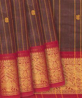 Brown Handloom Chettinad Cotton Saree Peacock Motifs And Stripes
