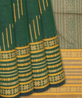 Dark Green Handloom Silk Cotton Saree With Buttas
