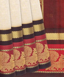 Cream Handloom Silk Cotton Saree With Contrast Border
