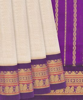 Cream Handloom Silk Cotton Saree With Purple Border
