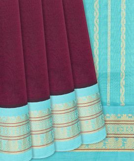 Maroon Handloom Silk Cotton Saree With Turquoise Border
