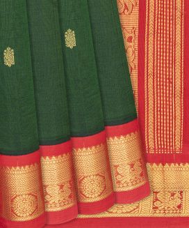 Dark Green Handloom Silk Cotton Saree With Red Border
