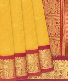 Mustard Handloom Silk Cotton Saree With Crimson Border
