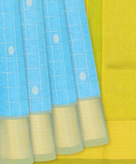 Turquoise Handloom Silk Cotton Saree With Dotted Checks
