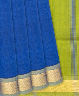 Blue Handloom Silk Cotton Saree With Green Border
