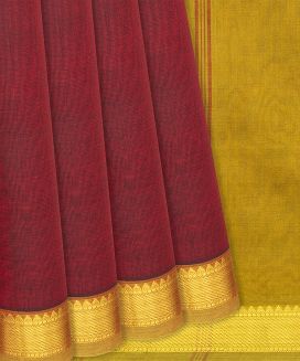 Crimson Handloom Silk Cotton Saree With Mustard Border
