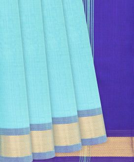 Turquoise Handloom Silk Cotton Saree With Contrast Border
