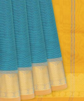 Cyan Handloom Silk Cotton Saree With Mustard Border

