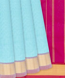 Turquoise Handloom Silk Cotton Saree With Pink Pallu
