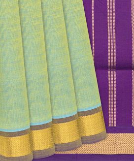 Aquamarine Handloom Silk Cotton Saree With Purple Pallu
