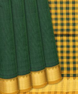 Dark Green Handloom Silk Cotton Saree With Mustard Border

