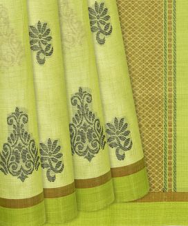 Pista Green Handloom Village Cotton Saree With Flower Motifs
