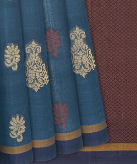 Turquoise Handloom Village Cotton Saree With Flower Motifs
